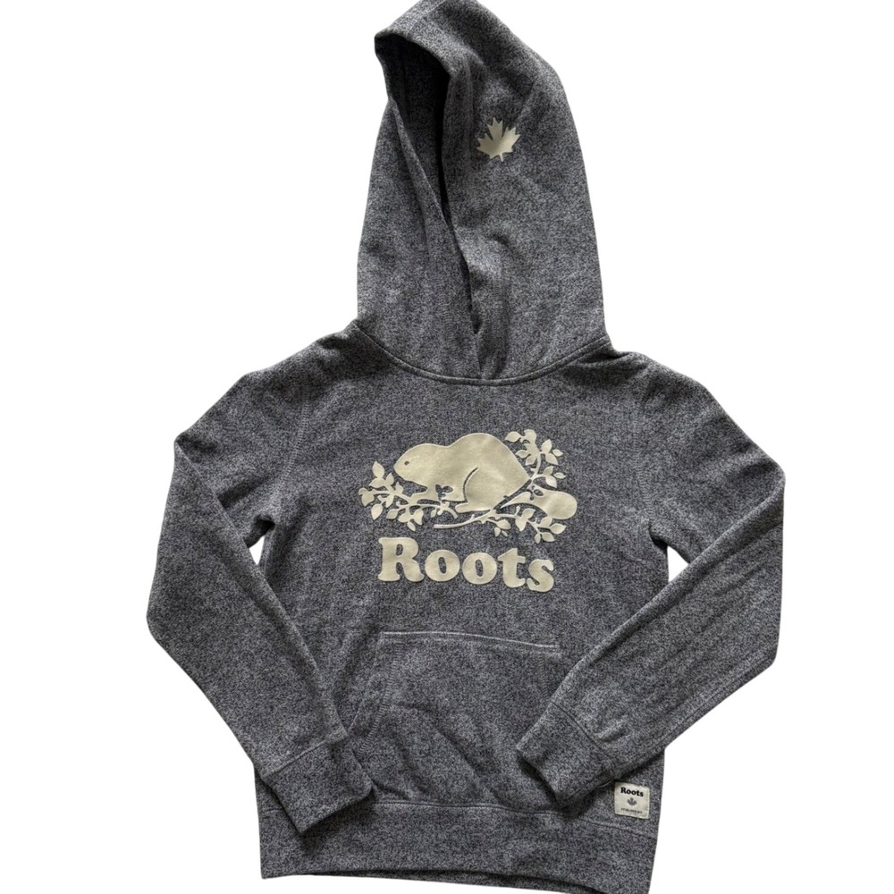 Roots Kids Original Kanga Hoodie Grey Salt and Pepper Beaver Logo Size L 9-10